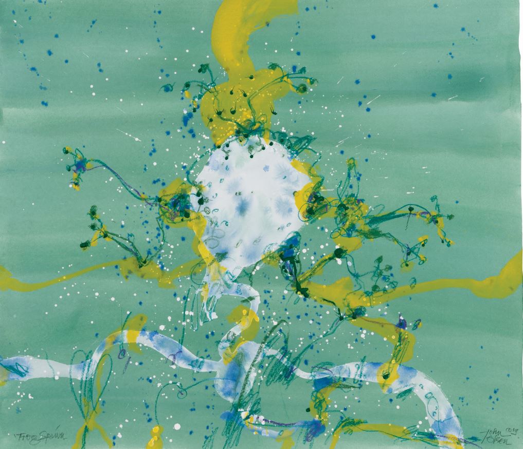 a brightly coloured artwork features shades of yellow, white, blue and green