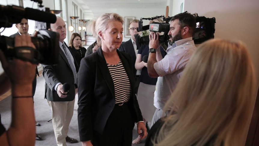 Bridget McKenzie walks away from journalists and cameramen after a press conference inside Parliament House