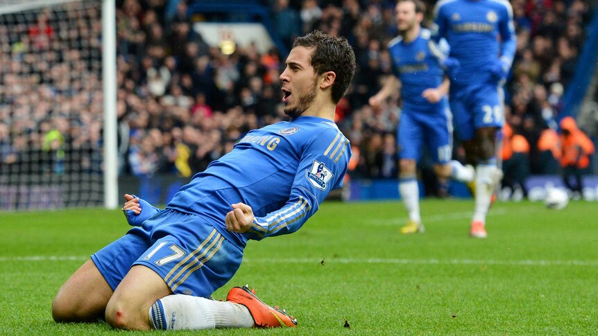 Eden Hazard celebrates scoring Chelsea's second goal against West Ham United at Stamford Bridge.