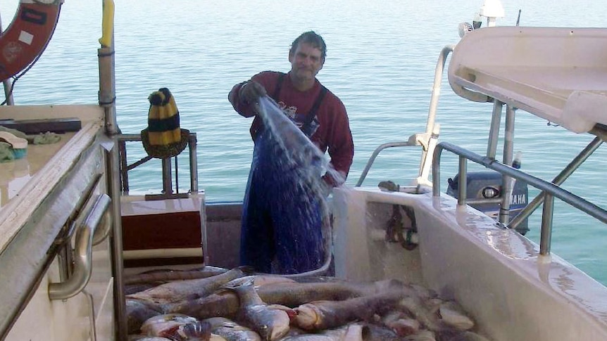 A man on a boat hosing down gutted fish with sea in the background.