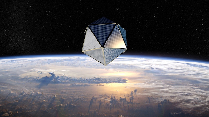 An image of a giant polygon covered in solar panels in orbit above the Earth