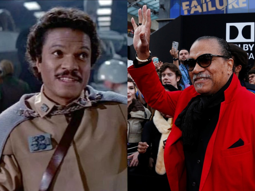 Actor Billy Dee Williams waves and smiles in a composite photo with his Star Wars character.