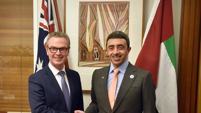 Christopher Pyne stands with Sheikh Abdullah bin Zayed bin Sultan Al Nahyan