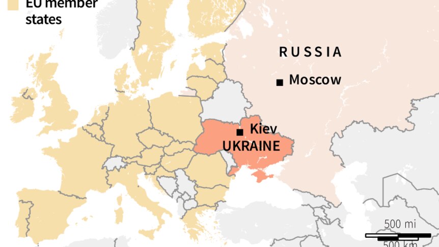 Ukraine is largely surrounded by European Union nations on one side, and Russia on the other.