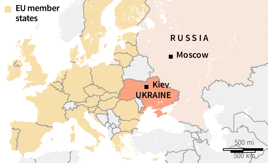 Ukraine is largely surrounded by European Union nations on one side, and Russia on the other.
