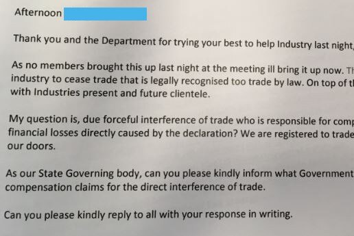 A few paragraphs of typed text from an email discussing compensation for the fireworks industry.