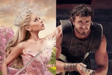 A composite image of Ariana Grande as Glinda in Wicked, and Paul Mescal in Gladiator 2