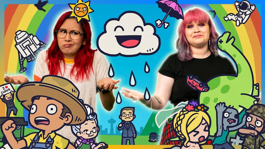 Rad and Gem looked bemused. Cloudy character in background and cartoon people in foreground from the game Rain on your Parade