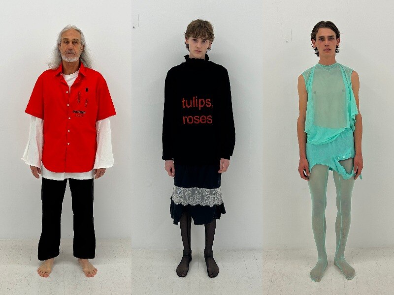 Composite shot of three male models against a white backdrop wearing Alix Higgins designs, from pants to skirts and mesh tops.