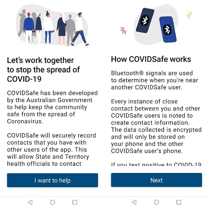 A composite image shows two screenshots taken of a mobile phone app that has illustrations above explanatory text.