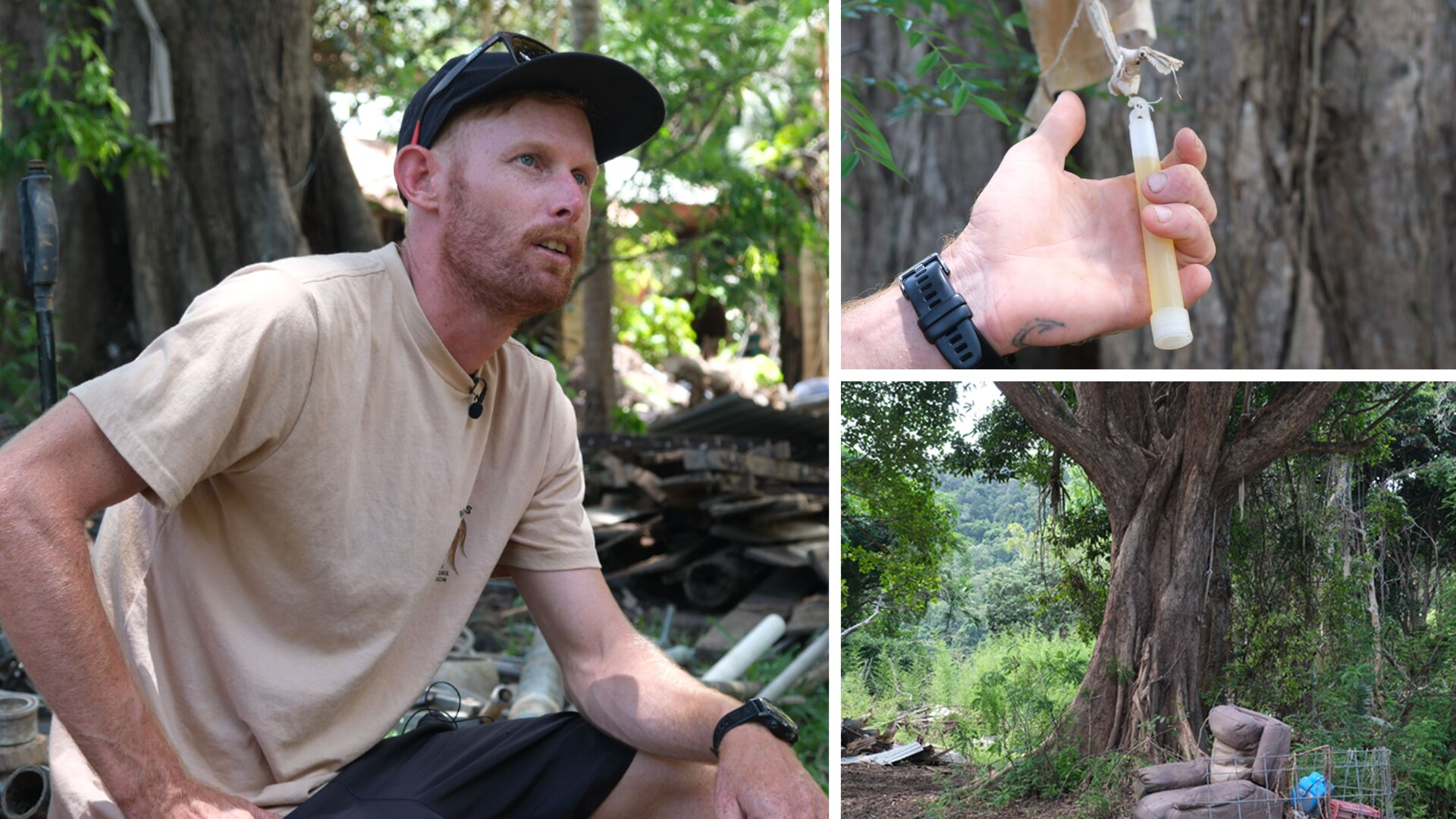 A man sits near a large tree, holds a tube in his hand, and a lounge-chair outside near a large tree.