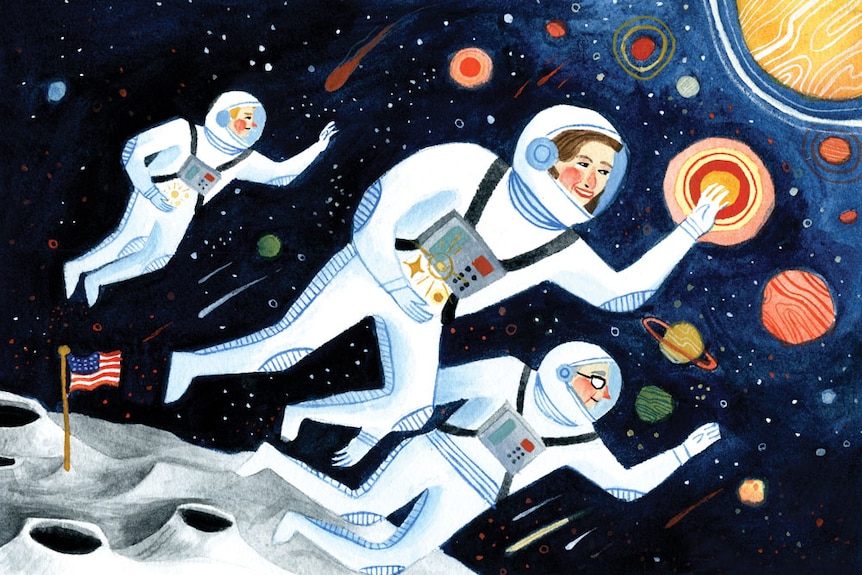 An illustration of Kate Mack, her grandfather and Neil Armstrong exploring space