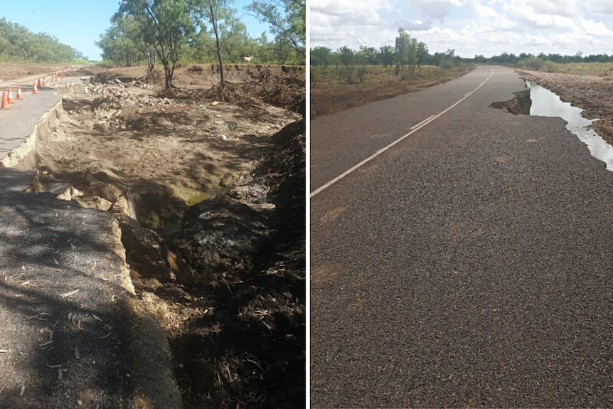 Damaged roads from floods in the outback.