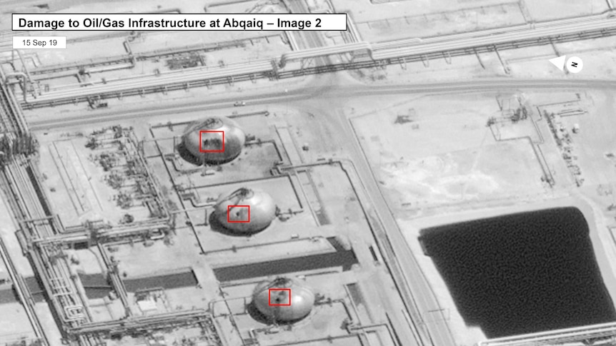 Satellite image of a damage to a Saudi oil plant.