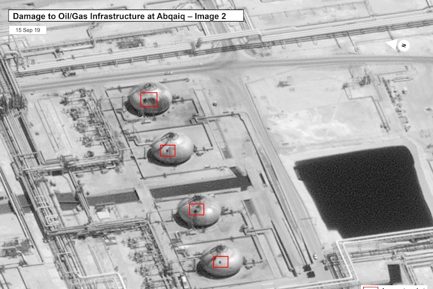 Satellite image of a damage to a Saudi oil plant.