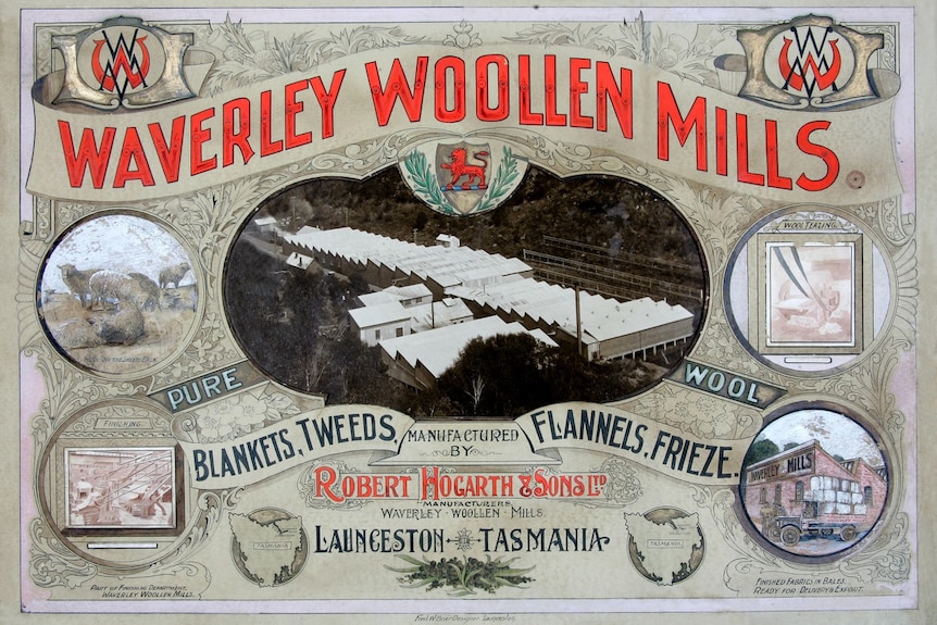 a vintage advertisement for a woollen mill features an old building, sheep and wool bales