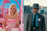 Margot Robbie in a scene from Barbie and Cillian Murphy in a scene from Oppenheimer.