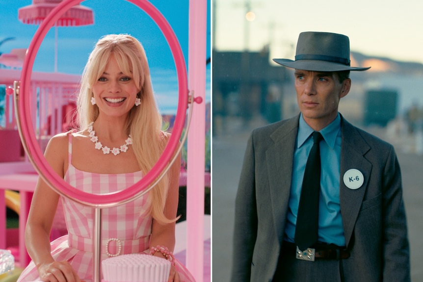 Margot Robbie in a scene from Barbie, and Cillian Murphy in a scene from Oppenheimer.