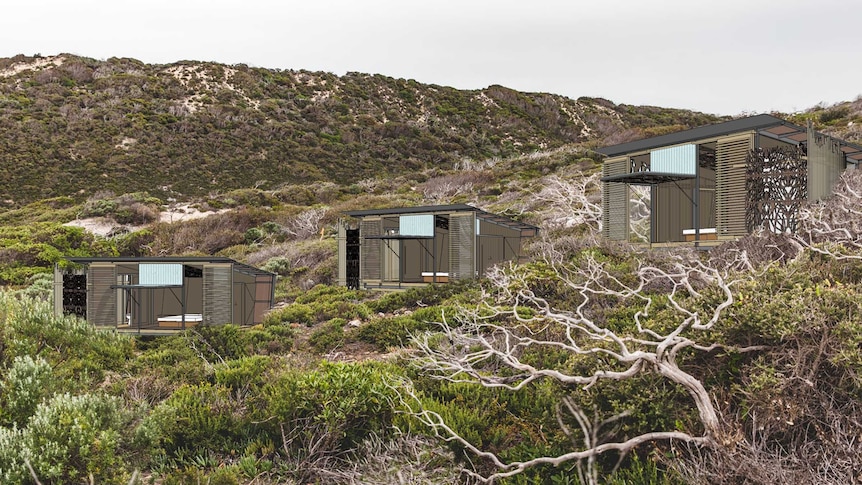 Landscape of side of hill with three wooden hut structures nestled in wild greenery