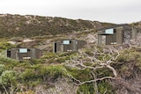 Landscape of side of hill with three wooden hut structures nestled in wild greenery