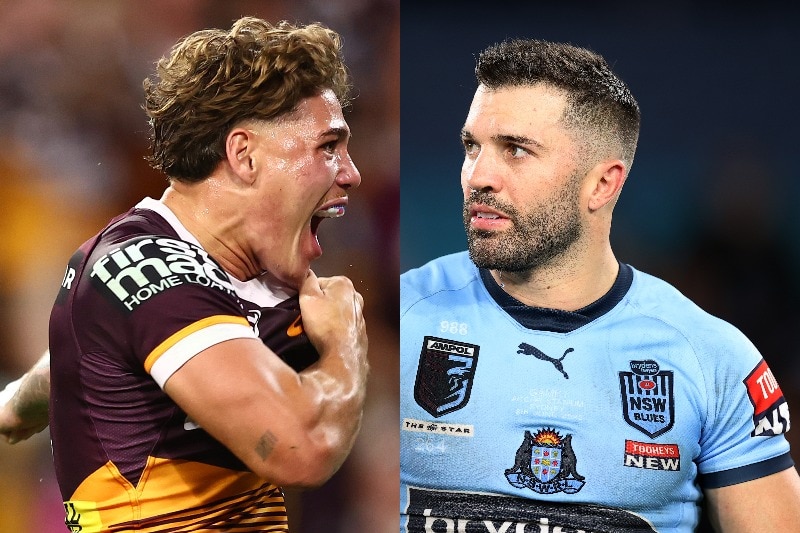 A composite image of Brisbane Broncos' Reece Walsh (left) grabbing his jersey and James Tedesco in a NSW Blues jersey.