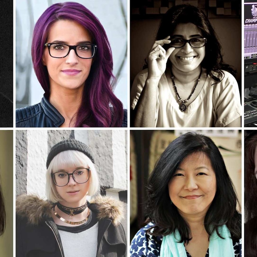 Collage of eight women, each of whom is a composer of video game music