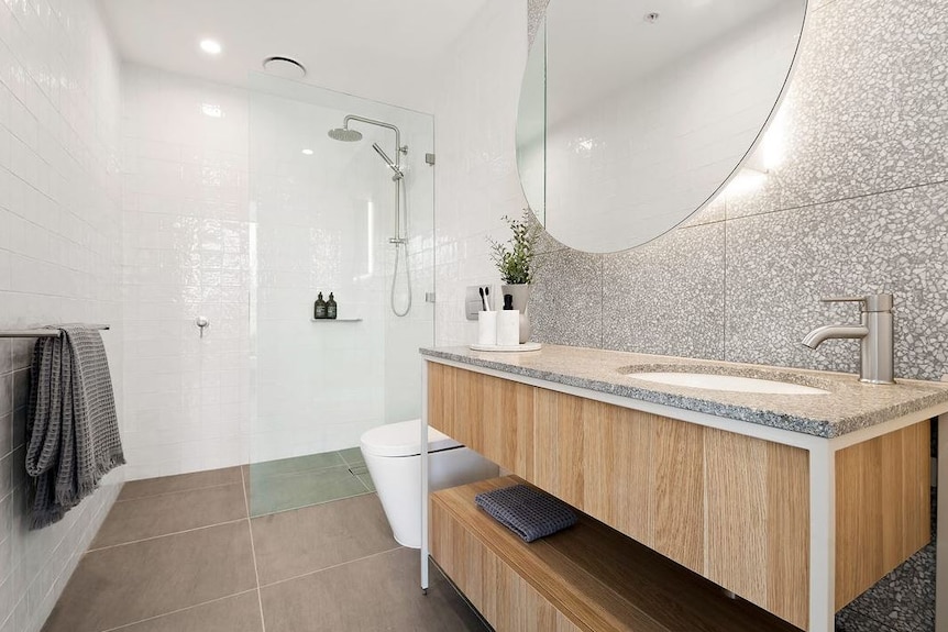 A bathroom with a walk-in shower, toilet and basin.