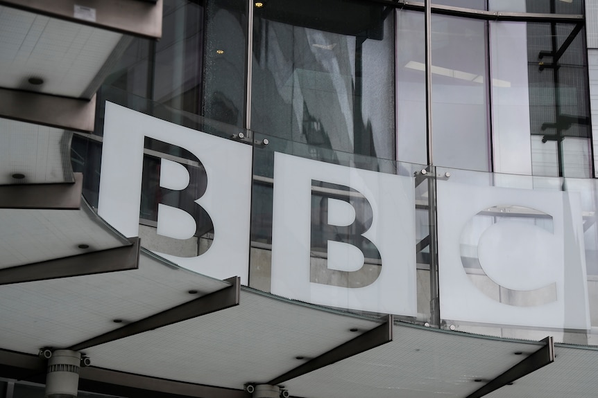 Signage is seen at BBC Broadcasting House offices.