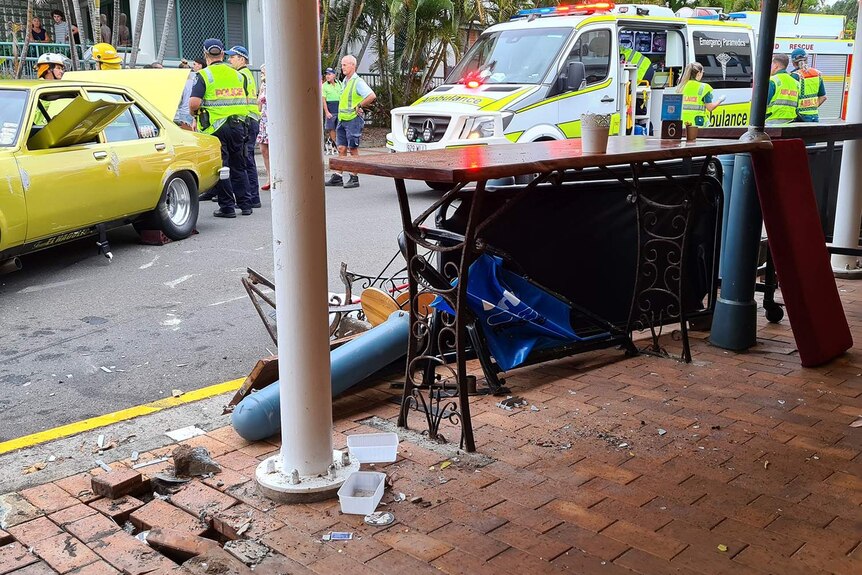 Authorities at the scene of car crash into restaurant at Moffat Beach on Queensland's Sunshine Coast.