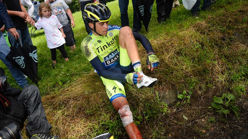 Contador on the turf after Tour de France crash