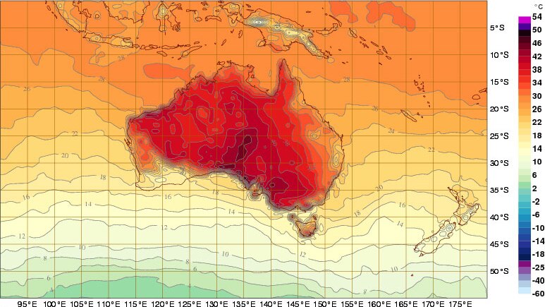 BOM weather map showing predicted temperatures