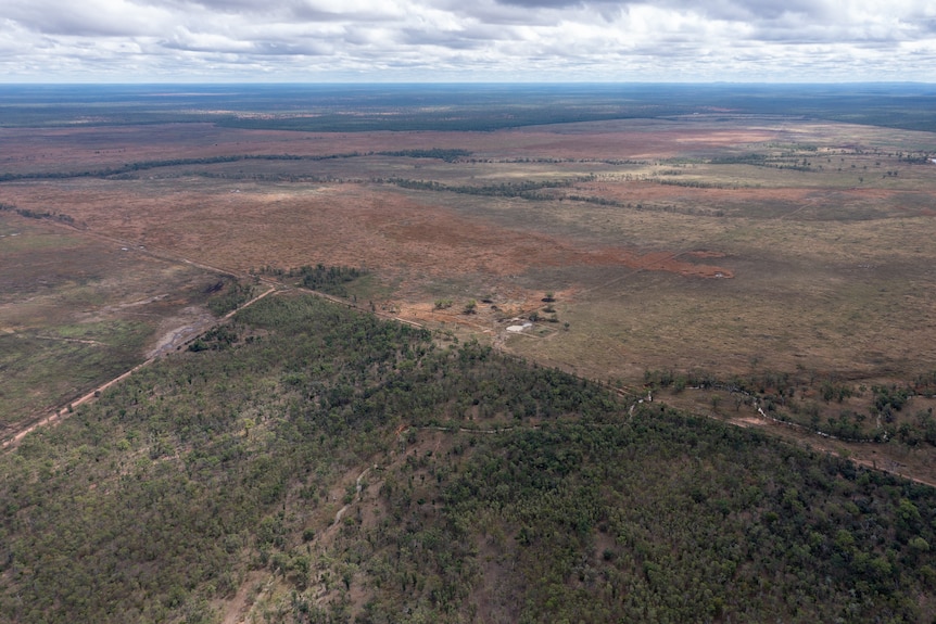 An aerial image of land, some of which is cleared and some of which contains trees.