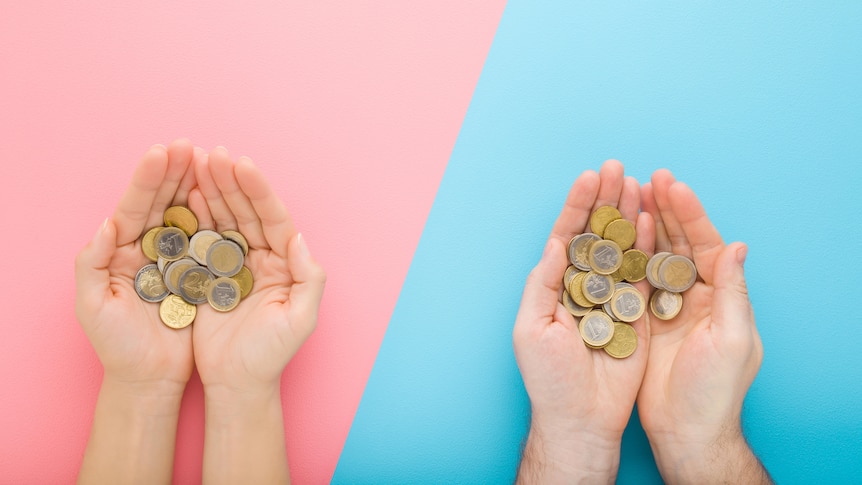 Female hands on a pink background adjacent to male hands on a blue background holding coins