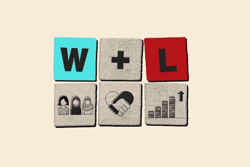 Collage of scrabble letters W + L with blue and red backgrounds and icon illustrations.