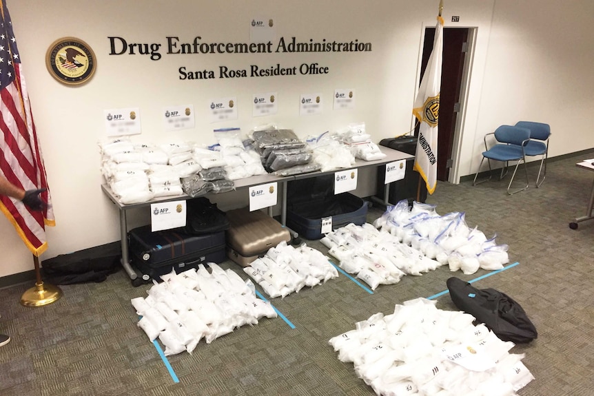 Hundreds of bags of drugs displayed in front of the US Drug Enforcement Administration logo.