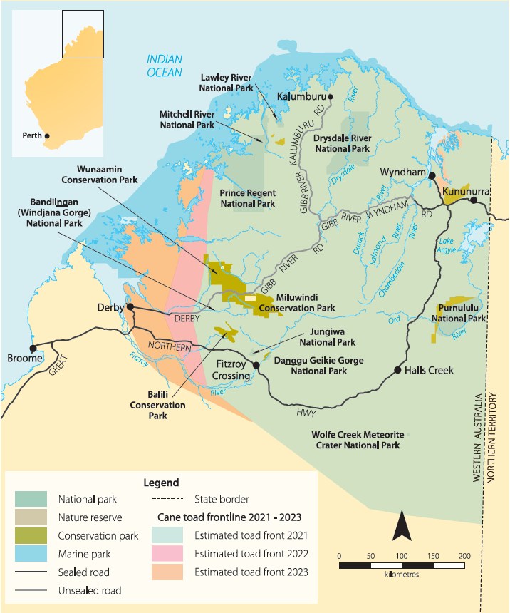 Kimberley Parks and Wildlife map detailing the cane toad frontline for the region 