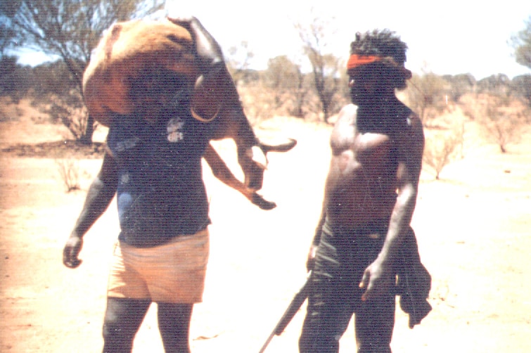 Two Aboriginal men return from a hunting trip carrying a Kangaroo.