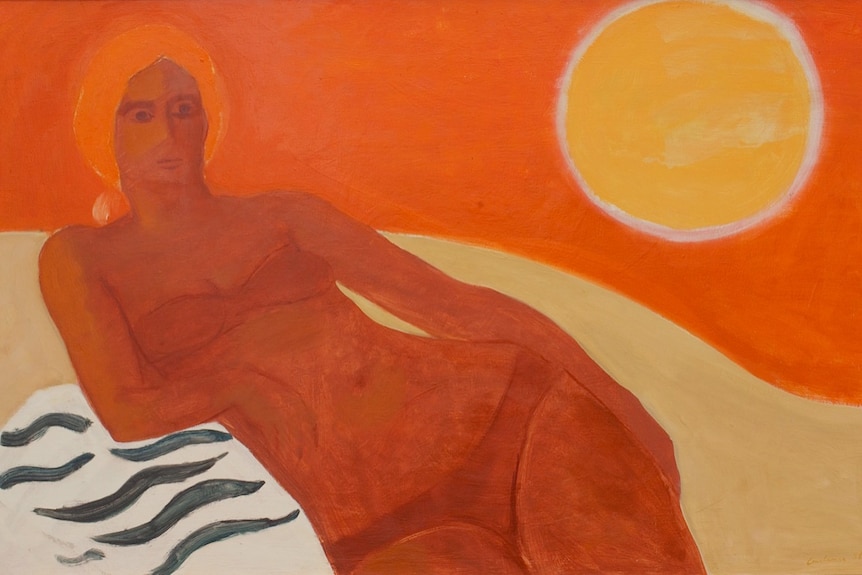 The Sunbather painted by Constance Stokes of a women lying on a beach.