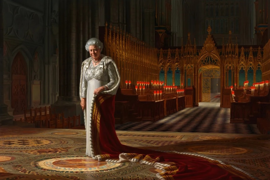A painting of a serious-looking Queen Elizabeth II in a darkened Westminster Abbey.