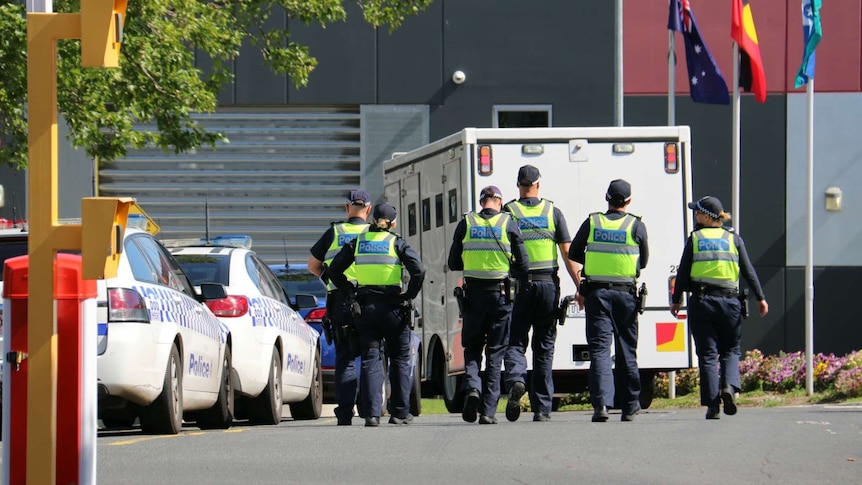 Police outside Melbourne Youth Justice Centre at Parkville