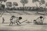 Two Wadawurrung women bend over and harvest roots. 