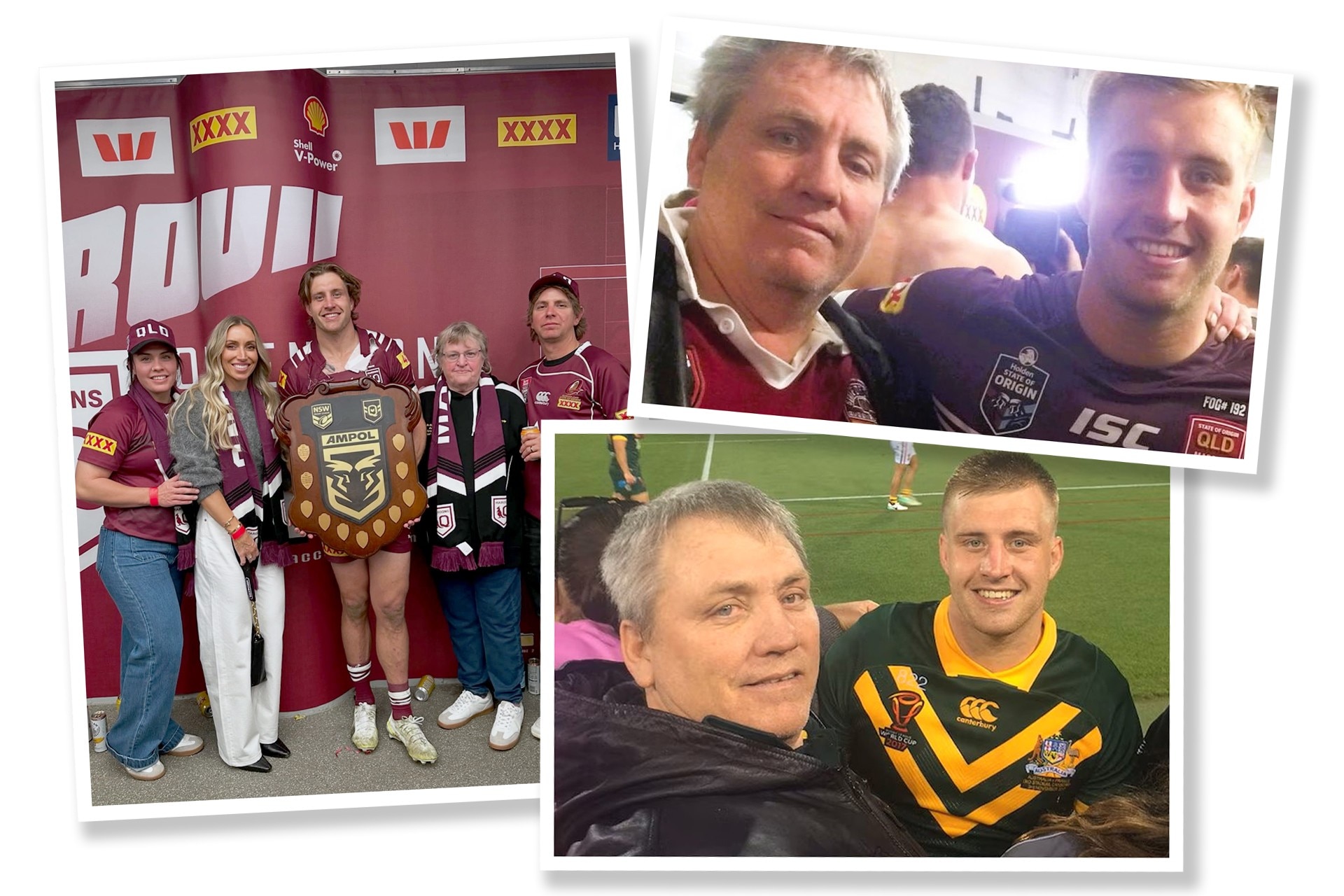 Uma colagem de fotos de Cameron com seu pai e outra segurando um troféu, compartilhando memórias do futebol.