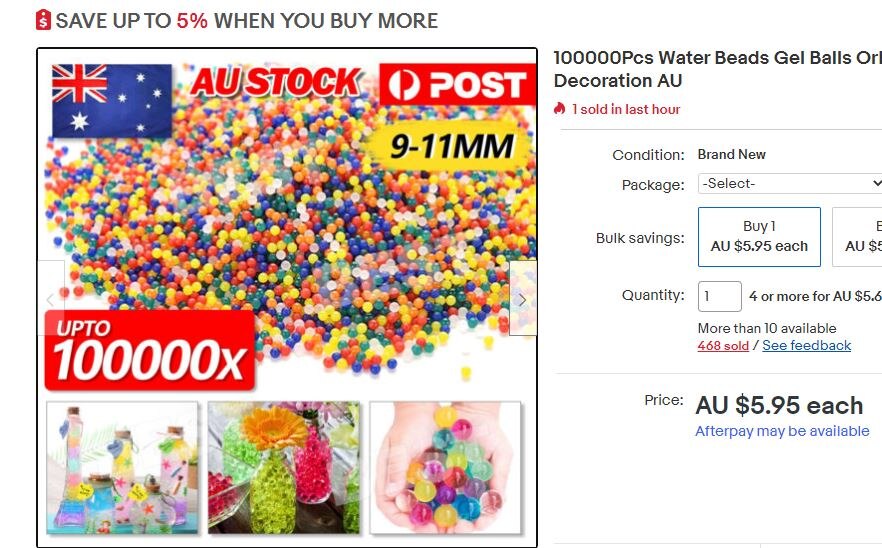 An online shopping page showing 100,000 water beads for sale.