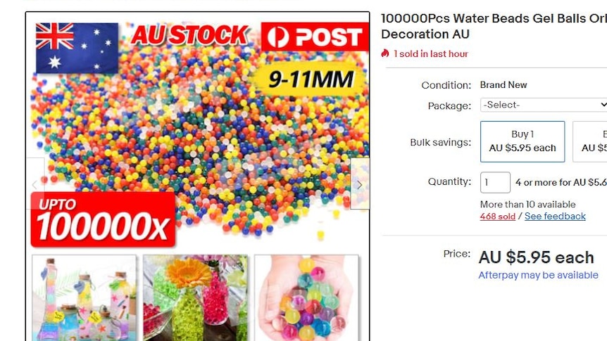 An online shopping page showing 100,000 water beads for sale.