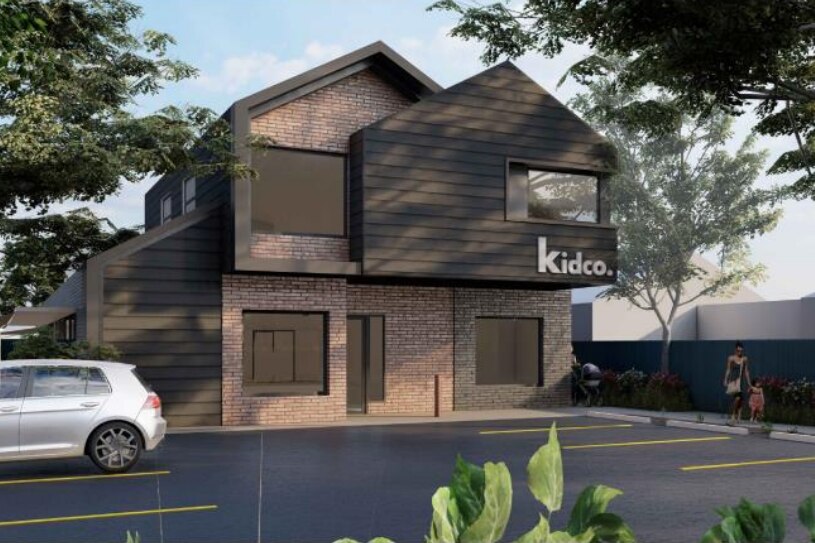 Concept art of a two-storey, modern-style childcare centre constructed of bricks and dark wood.
