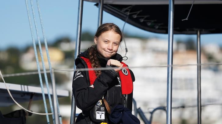 Climate change activist Greta Thunberg arrives aboard the yacht La Vagabonde at Santo Amaro port in Lisbon, Portugal.