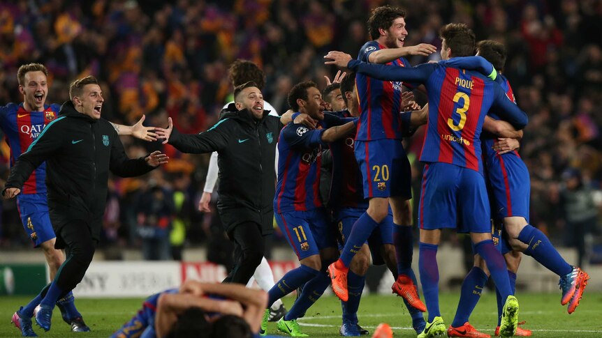 Barcelona celebrates its victory after coming back from a 4-0 deficit from the first leg.