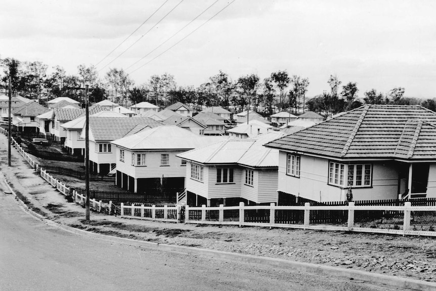 A black and white photo of post-war housing commission homes in a Stafford street.