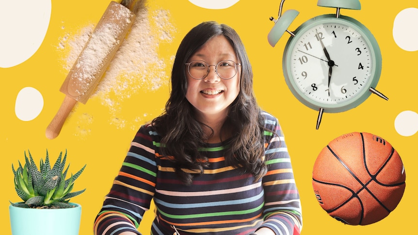 Jennifer Wong surrounded by a pot plant, rolling pin, clock in a story about trying new things in COVID times.
