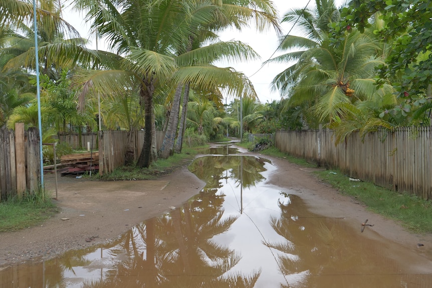 A dirt street in Boigu with large puddles of water covering the road